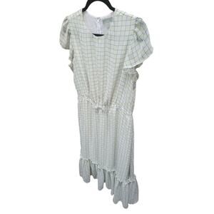 RYEGRASS Large Midi Dress Light Green Check Ruffle Poly Chiffon